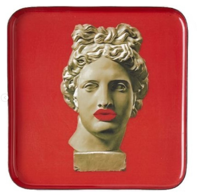 Plateau rouge avec buste antique doré aux lèvres rouges