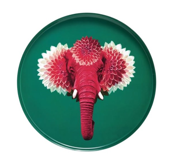 Plateau vert décoré d'un éléphant rose et fleurs