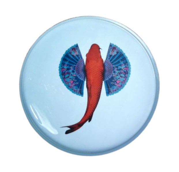 Plateau bleu ciel avec carpe koï rouge et éventails